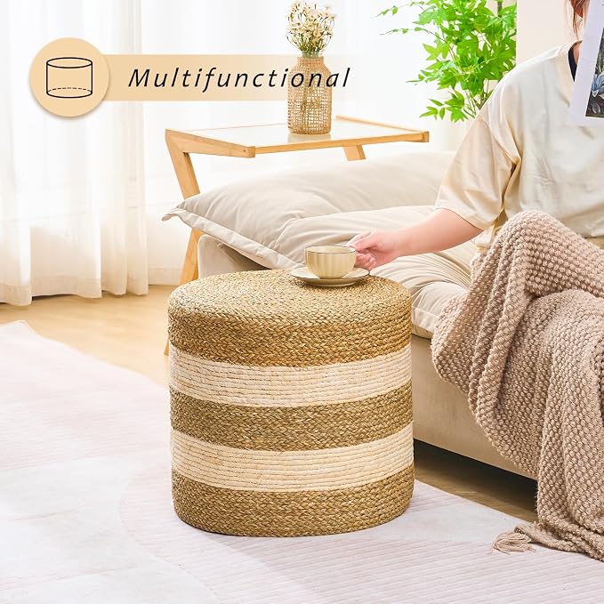 Handwoven Ottoman Pouf, Natural Seagrass Footstool, Round Braided Outdoor Seat - Image 2