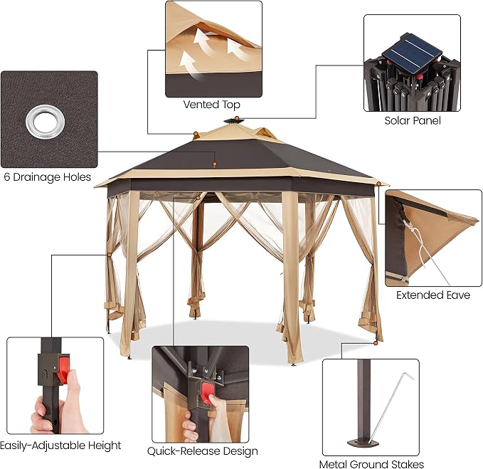 Yaheetech 13×13 Pop-Up Patio Gazebo Tent W/Mesh Netting Sides & 25 Solar LED - Image 5