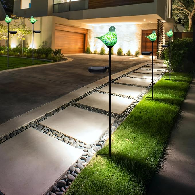 Bshine Solar Garden Decoration Outdoor Green Bird Lights, 2 Pack Hand Blown - Image 5