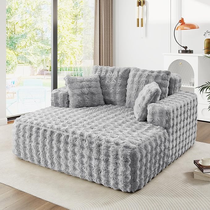 56"W Oversized Chaise Lounge Chair Indoor, Plush Faux Fur Sleeper Couch Sofa Bed by JEEOHEY