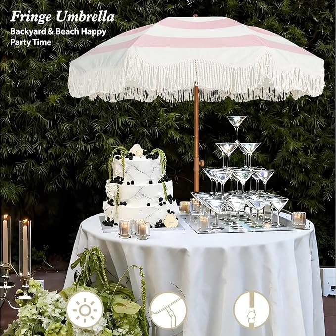AMMSUN Boho Fringe Umbrella Outdoor Patio, 6.5ft UPF50+ Picnic Umbrella - Image 5