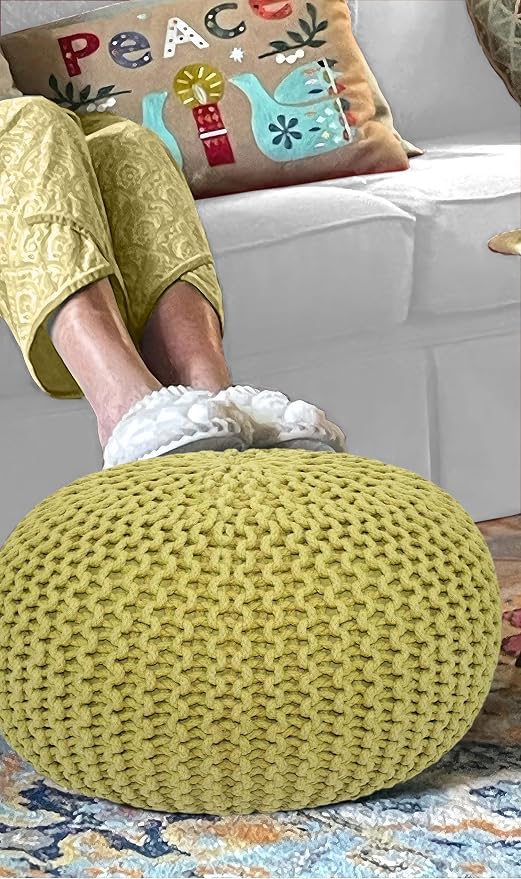 COTTON CRAFT - Hand Knitted Cable Style Dori Pouf - Green - Floor Ottoman - - Image 4