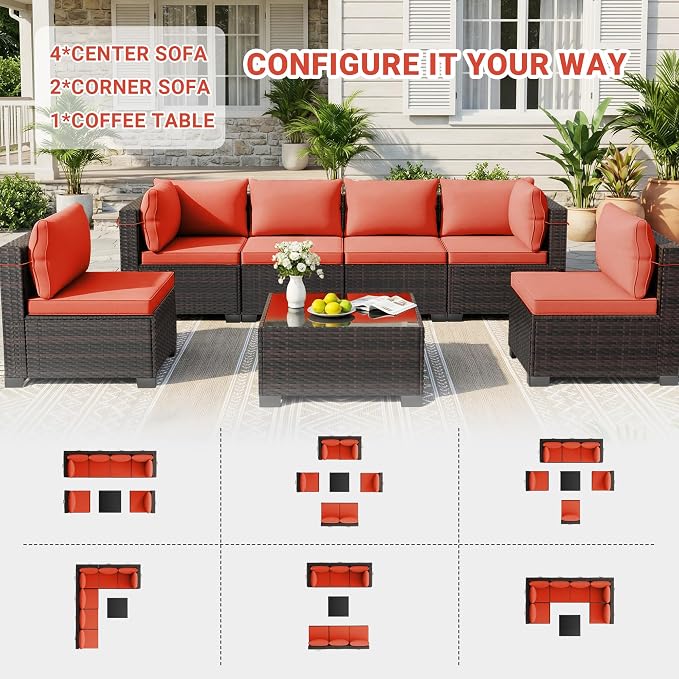 LEVELEVE 7 Pieces Outdoor Patio Furniture Sets, Rattan Conversation Sectional - Image 3