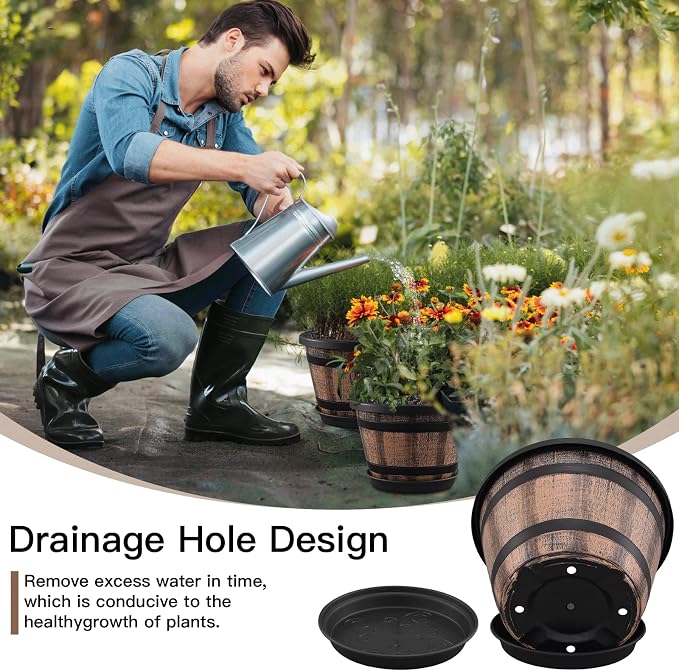 Quarut 3 Pack 10 inch Plant Pots, Whiskey Barrel Planters - Image 3
