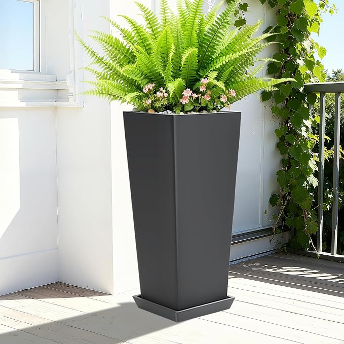 Set of 2 Tall Planters with Drainage Tray, 24 Inch Large Flower Pots - Image 5