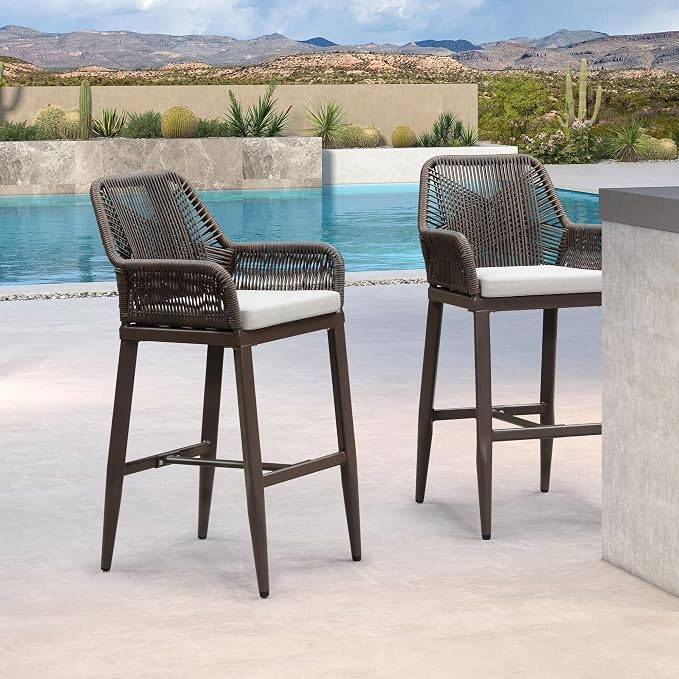 PURPLE LEAF Outdoor Wicker 29" Bar Stools Set of 2, Boho Patio Bar Height Chair - Image 2