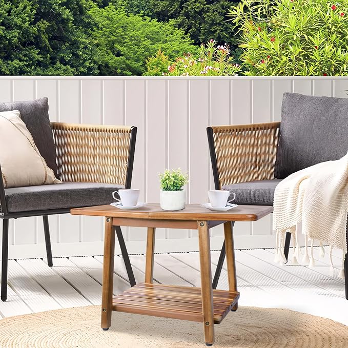 ENKEZI Acacia 24 Inches Outdoor Side Table, 2-Tier Sturdy Patio, End Table - Image 2