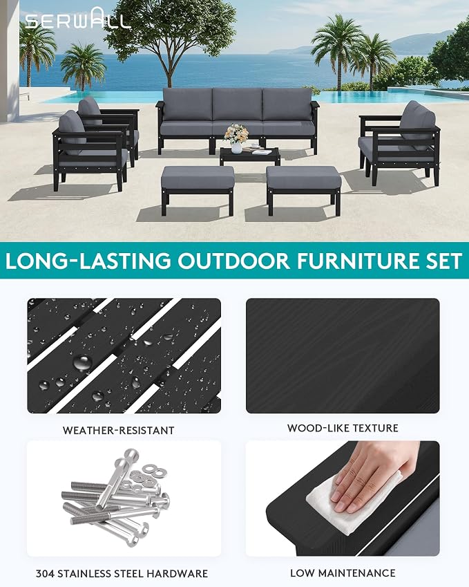 SERWALL HDPE Patio Furniture Set, 2 Pieces Outdoor Sectional Sofa Set, - Image 6
