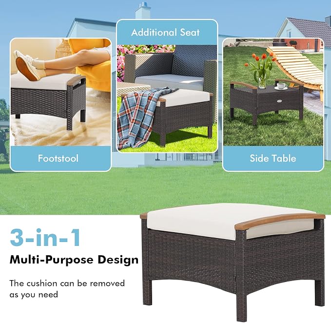 Tangkula 2 Piece Patio Rattan Ottomans, Outdoor Wicker Footstool w/Acacia Wood - Image 8