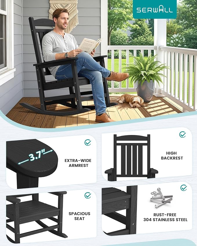 SERWALL HDPE Outdoor Rocking Chair Set of 4, Patio Rocking Chairs, All-Weather - Image 6