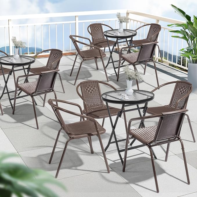 VINGLI PE Rattan Outdoor Dining Chairs Set of 2, Plastic Stackable Patio Chairs - Image 8