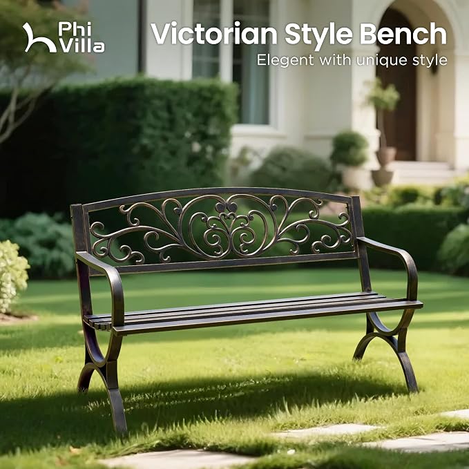 PHI VILLA 50Inch Cast Iron Steel Frame Garden Bench Patio Furniture Chair - Image 5