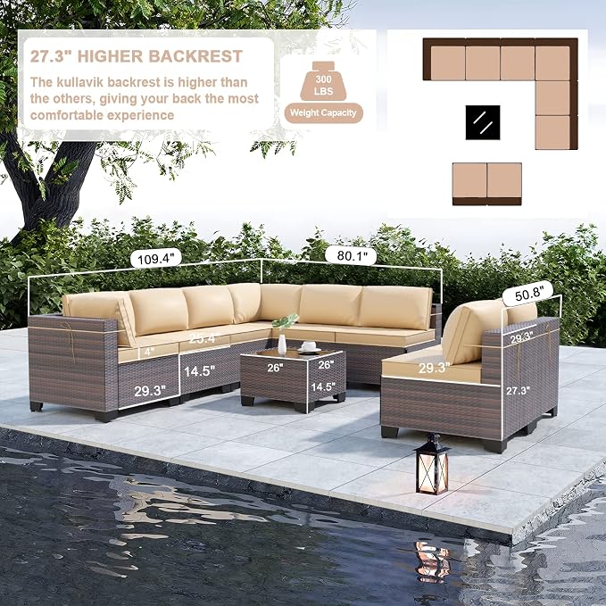 Kullavik 9 Pieces Outdoor Patio Furniture Set, Outdoor Sectional Rattan Sofa - Image 2