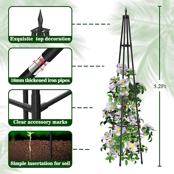 5.2FT Obelisk Trellis for Climbing Plants Outdoor, 16mm Rust-Proof Extra - Image 4