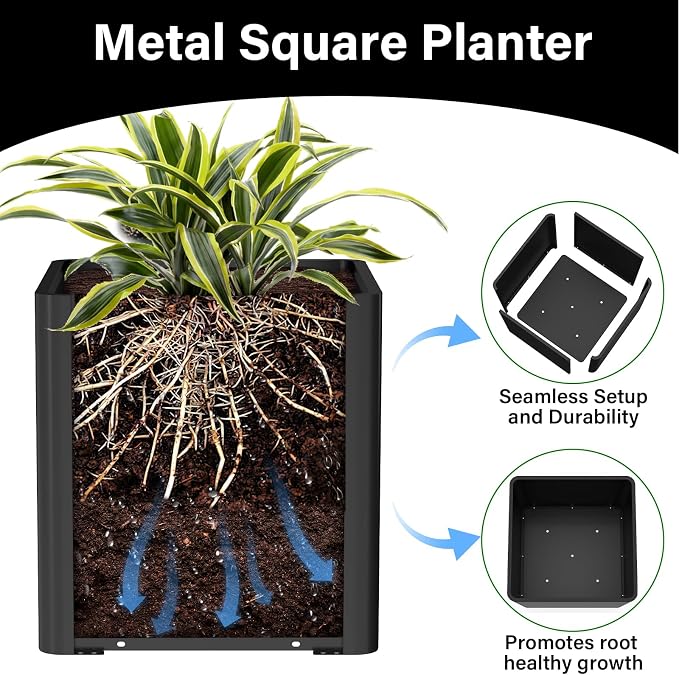 Large Metal Square Planter 24" L x 24" W x 24" H, Heavy Duty Black Large - Image 3