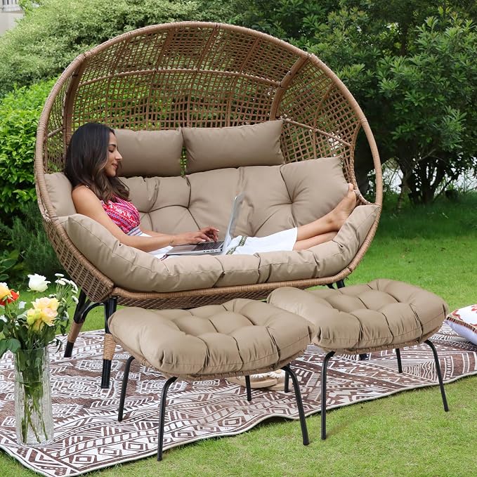NICESOUL Double Egg Chair with Footstools & Cushions, Oversized Wicker Boho by NICESOUL