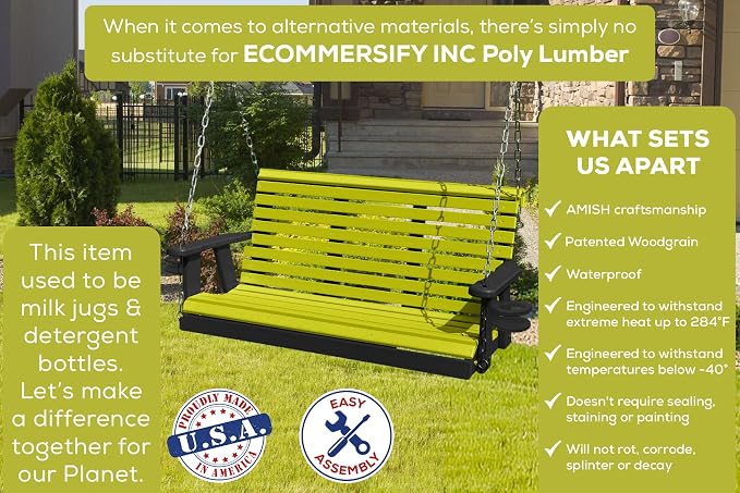 Poly Lumber Wood 4FT Porch Swing Amish Craftsmandship Made in USA HDPE - Image 3