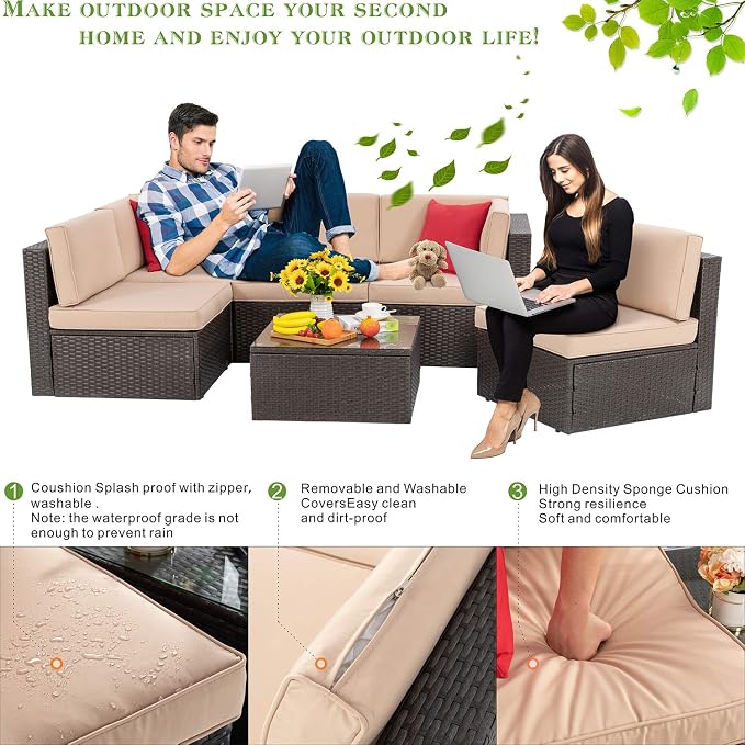 Vongrasig 6 Pieces Outdoor Patio Furniture Set, PE Wicker Rattan Sectional Sofa - Image 6