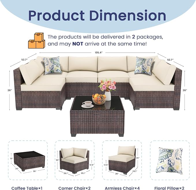 7 Piece Outdoor Patio Furniture Set, Outdoor Sectional Furniture, Rattan & - Image 6