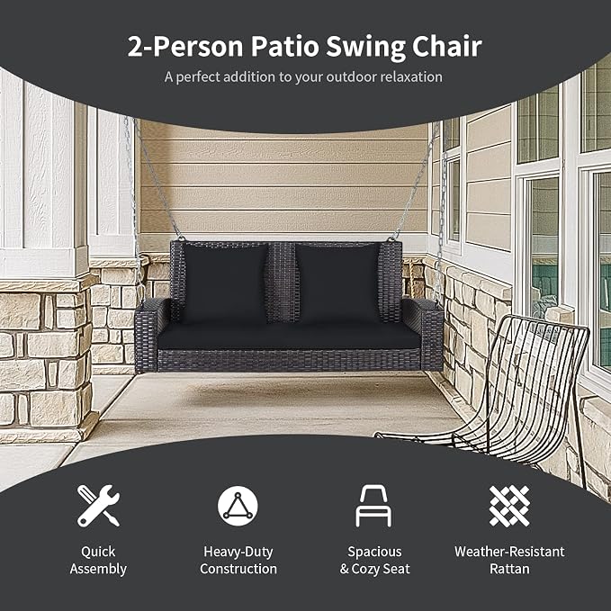 RELAX4LIFE Porch Swing 2-Seat Patio Rattan, Wicker Porch Swings Outdoor W/Two - Image 5