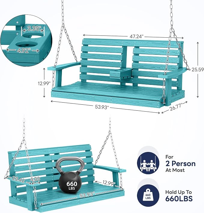 KINGYES Outdoor Hanging Porch Swing, 2 Seat Patio Swing Chair - Image 3