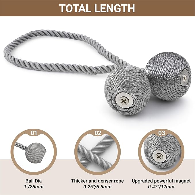 Hion Magnetic Curtain Tiebacks Grey 6 Pack, Curtain Tiebacks Buckles Holdbacks - Image 2