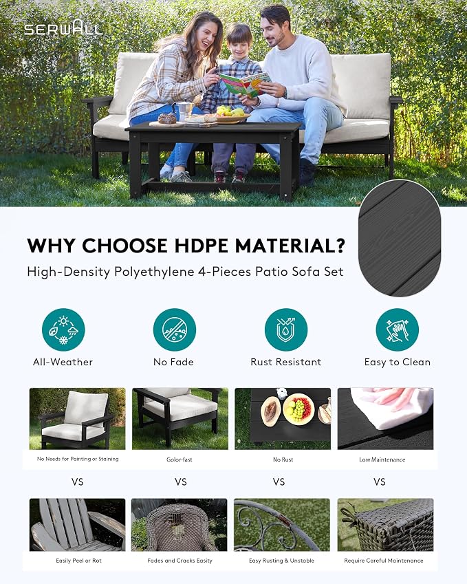 SERWALL HDPE Patio Sofa Set, 4-piece Sectional Outdoor Furniture Set, All - Image 3