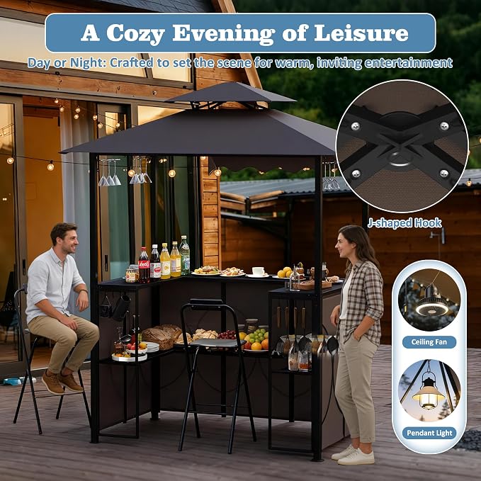 Outdoor Grill Gazebo with Patio Bar Set, Double-Tier BBQ Shelter with Side - Image 6