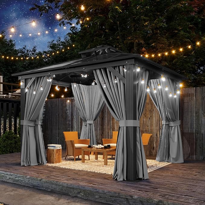 Aoxun 10'x10' Hardtop Gazebo, Outdoor Polycarbonate Double Top Canopy, Aluminum - Image 2