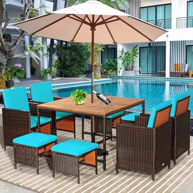 Tangkula 9 Pieces Acacia Wood Patio Dining Set, Space Saving Wicker Chairs and - Image 2