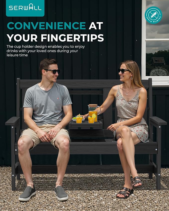 SERWALL Outdoor Bench with Cup Holder, All Weather Patio Benches with High - Image 3