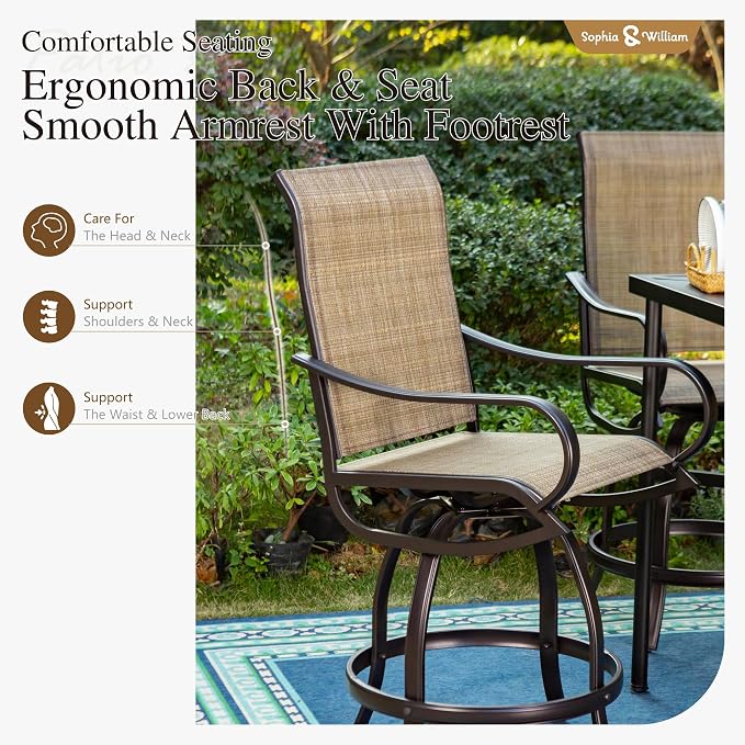 Sophia and William Patio Bar Stools Counter Height, Swivel Bar Chairs, Supports - Image 4