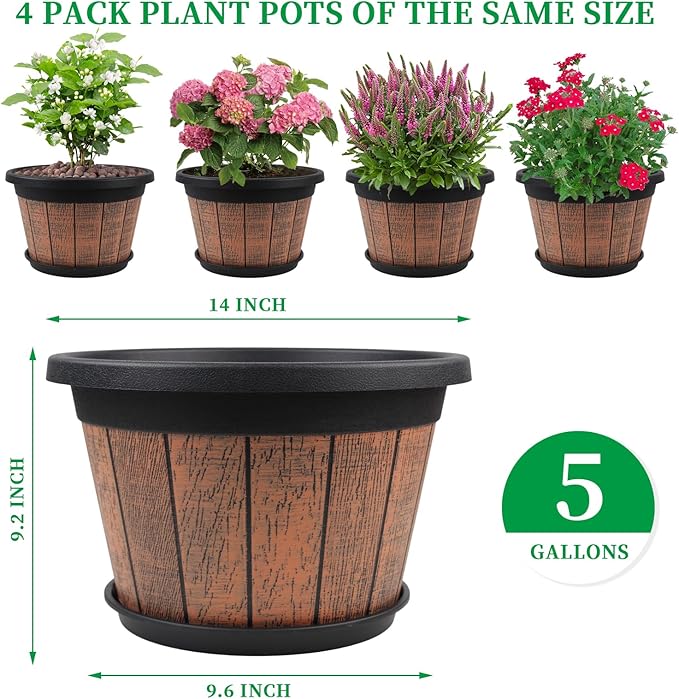 Quarut Large 4 Pack 14 inch Plant Pots, Whiskey Barrel Planters - Image 3