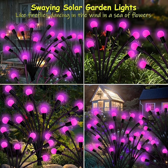 Kohlrabi Solar Garden Lights Outdoor, 6 Pack 60 LED Pink Firefly Lights - Image 4