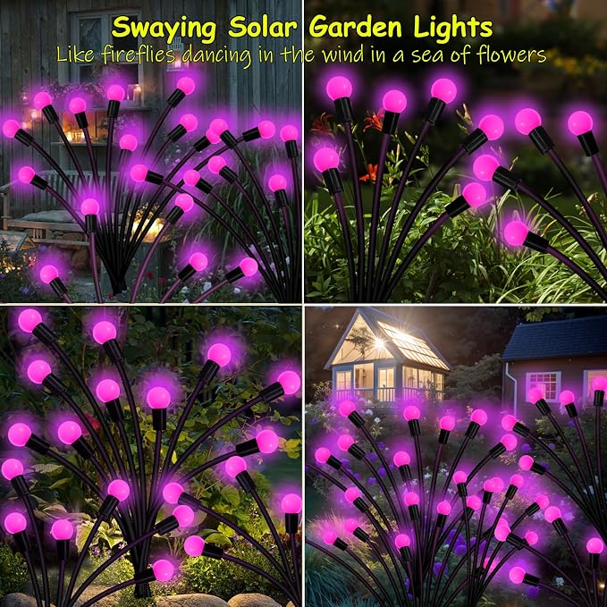 Kohlrabi Solar Garden Lights Outdoor, 4 Pack 40 LED Solar Pink Firefly Lights - Image 5