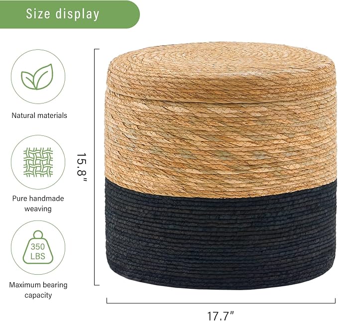 Wimarsbon Storage Pouf Ottoman, Hand Weaving Natural Straw Foot Stool, Bohemian - Image 3