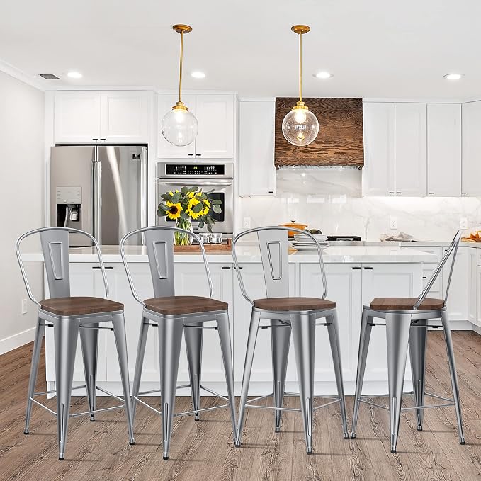 Alunaune 26" Swivel Metal Bar Stools Set of 4 High Back Counter Height - Image 3