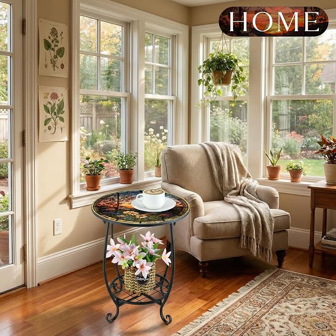 Outdoor Side Table Round Small Mosaic Patio Accent Indoor End Plant Coffee Tea - Image 8