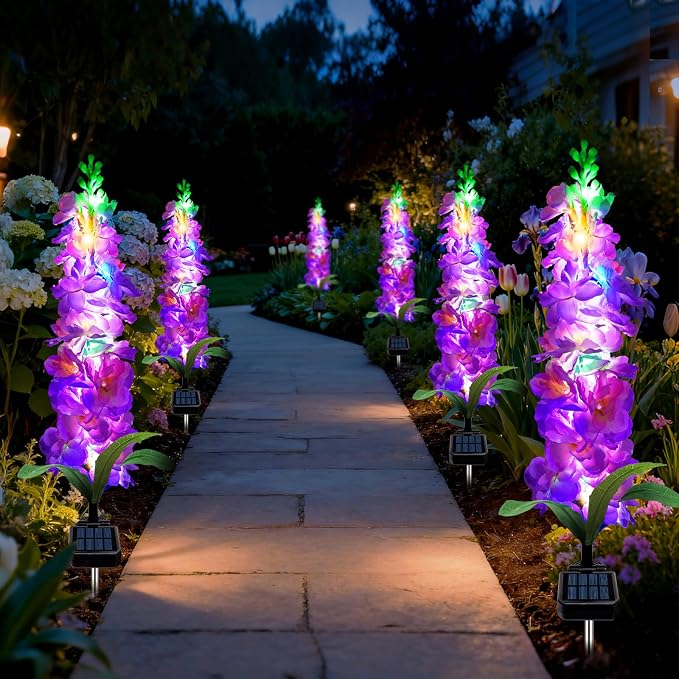 Solar Garden Lights, Solar Purple Delphinium Flowers Lights 4 Pack 80 LEDs - Image 6