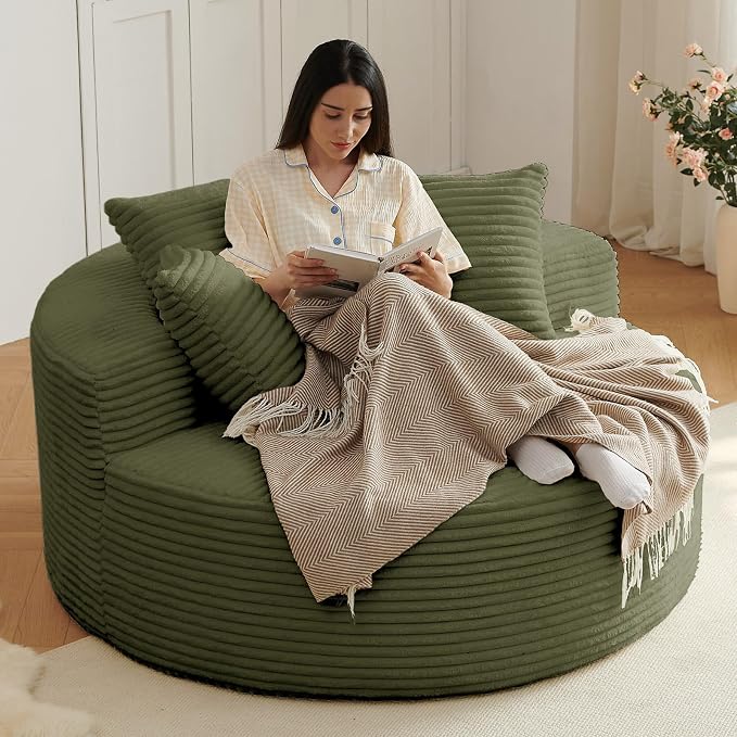 Oversized Round Chair Lounge Chaise Indoor, Upholstered Corduroy Deep Seat - Image 3