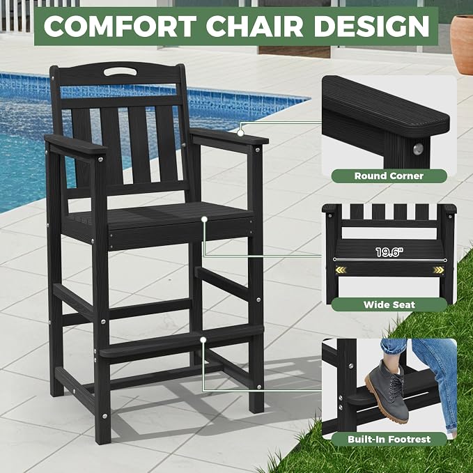 Outdoor Patio Bar Height Chair, All-Weather HDPE Tall Balcony Adirondack Stools - Image 3