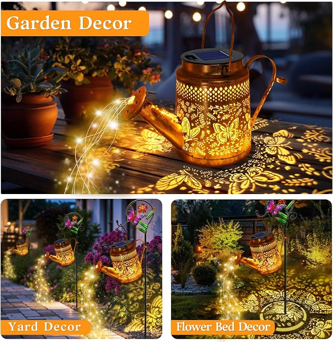 Solar Powered Butterfly Watering Can Lights Waterproof Outdoor Garden Decor - Image 4