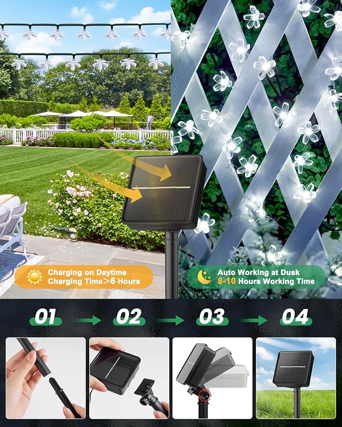 Brightown 2 Pack Total 52FT 120 LED Solar String Lights Flower Outdoor - Image 5