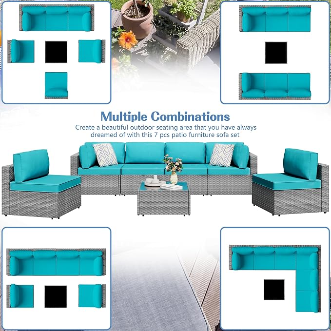 Shintenchi 7 Pieces Outdoor Patio Furniture Sets, Patio Sectional Sofa Couch - Image 2