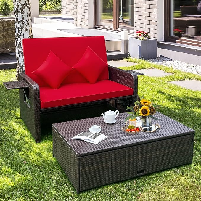 LDAILY Moccha Outdoor Daybed, Wicker Loveseat Sofa Set - Image 3