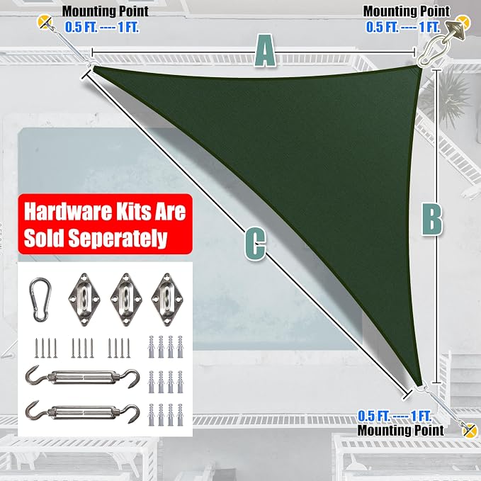 Amgo Custom Size 12' x 21' x 24.2' Green Right Triangle Sun Shade Sail UPF50+ - Image 8