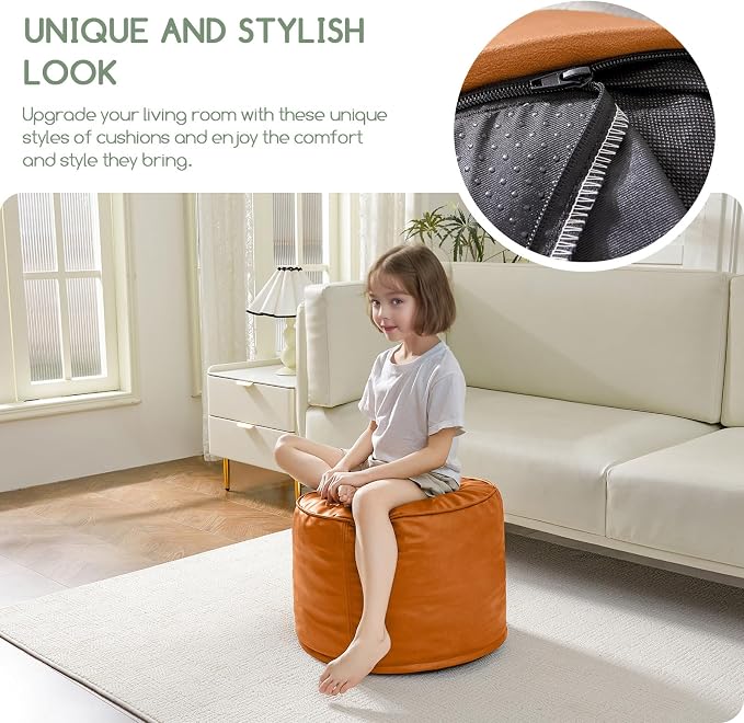 HIGOGOGO Round Stuffed Pouf Ottoman, Pu Leather Poufs - Image 9
