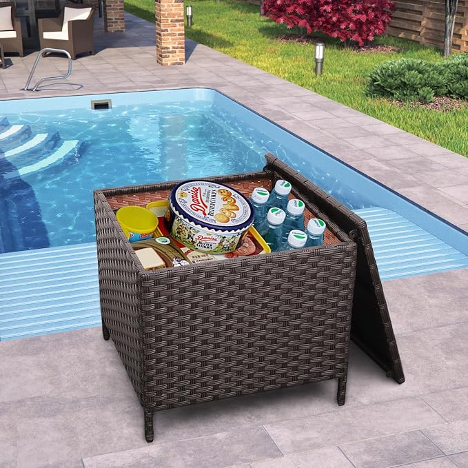 Outdoor Wicker Storage Side Table, Patio Brown PE Rattan End Table - Image 3