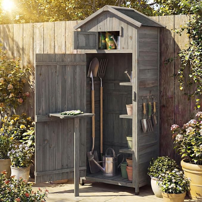 Goplus All-in-One Storage Shed, Vertical Utility Tool Organizer w/Shelves & - Image 9