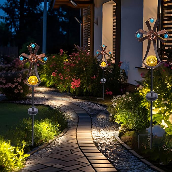 VCUTEKA Solar Garden Lights Cemetery Metal Flower Decor Colorful Solar Pathway - Image 4